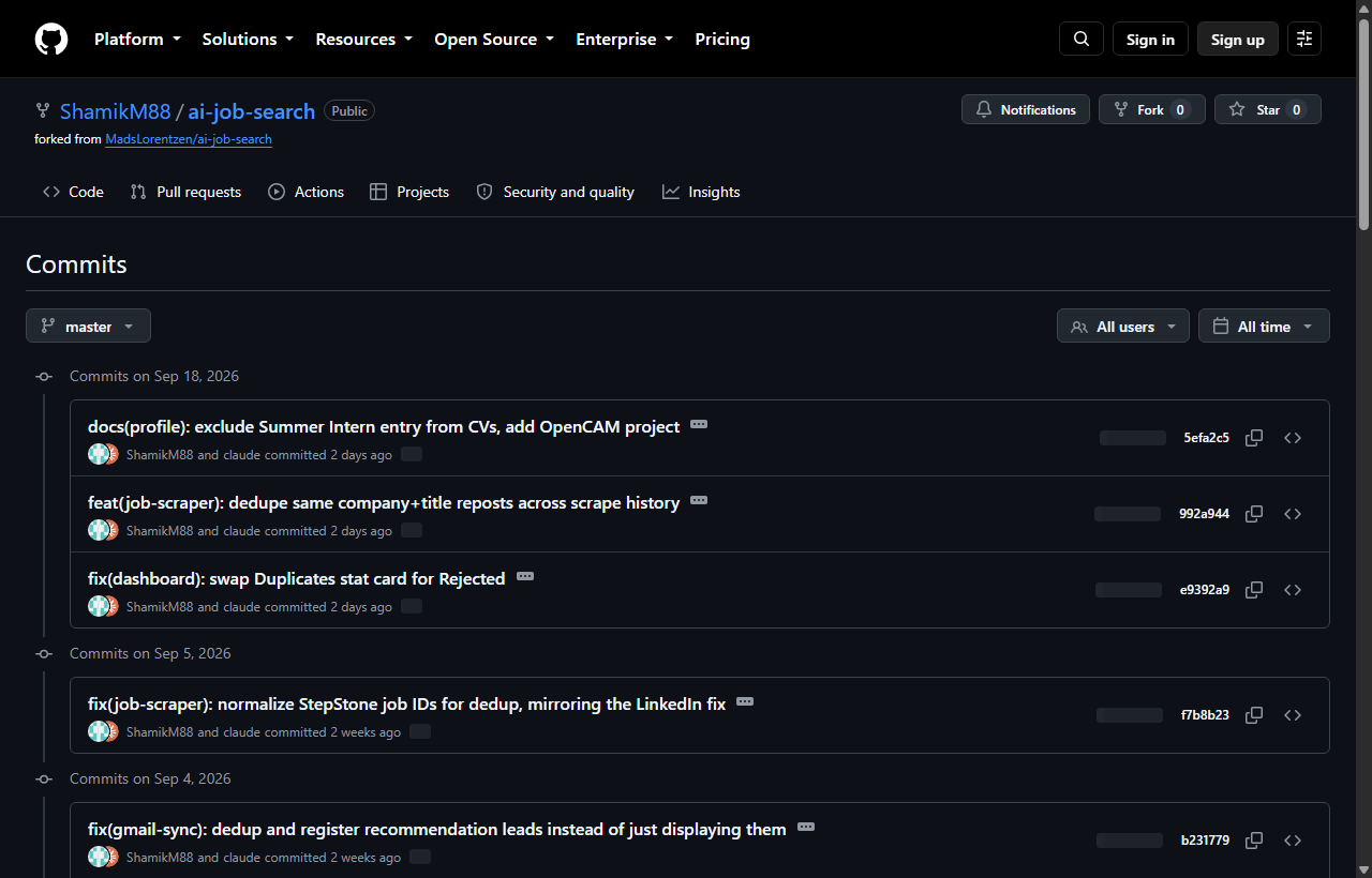 Commit history on the ai-job-search fork's GitHub repository