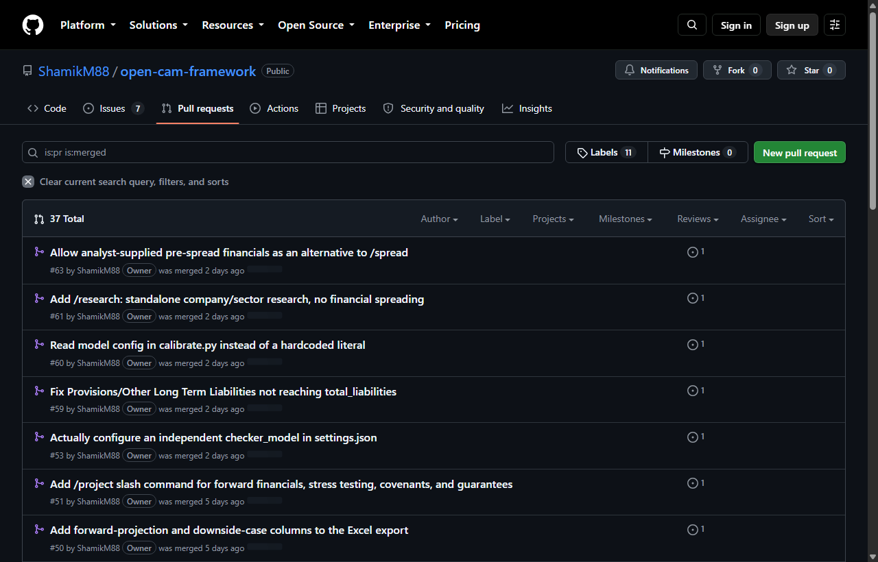 Merged pull requests on the open-cam-framework GitHub repository